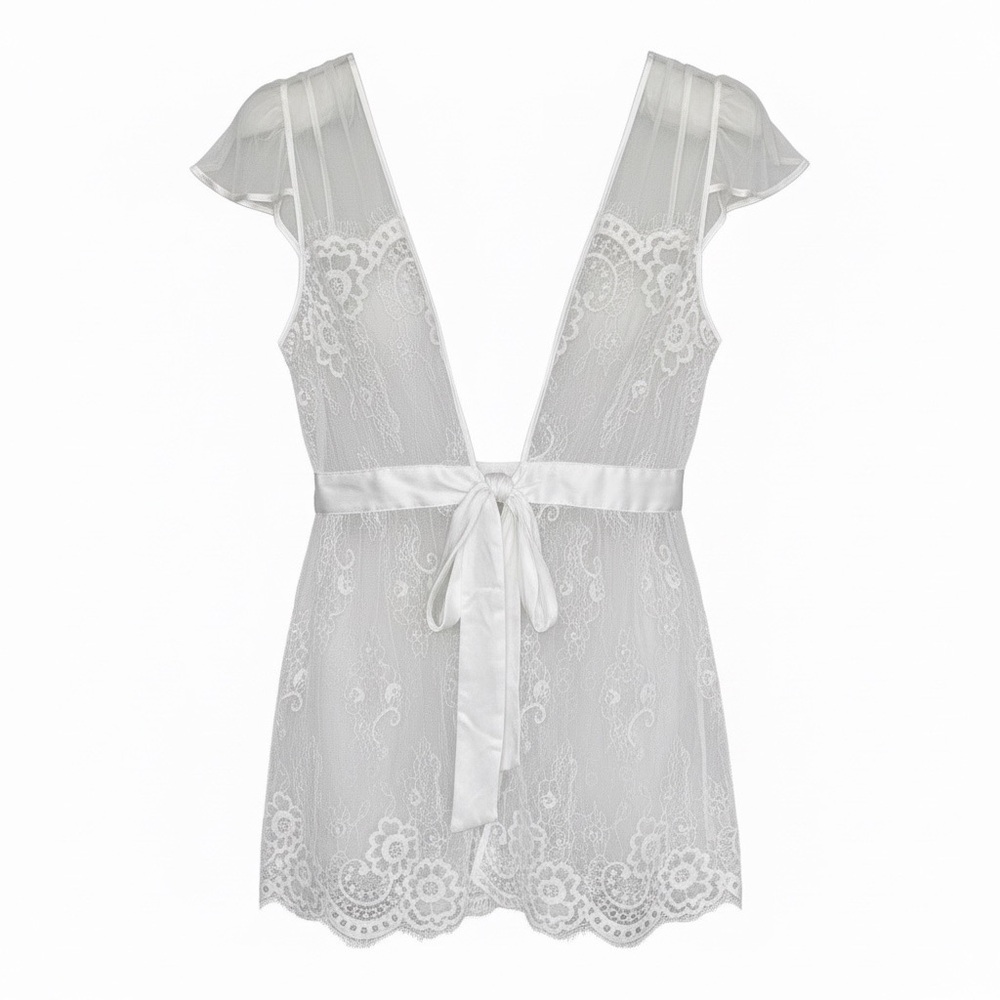 Victoria’s Secret Lace Mesh Robe Women’s Medium White Short Satin Belt‎